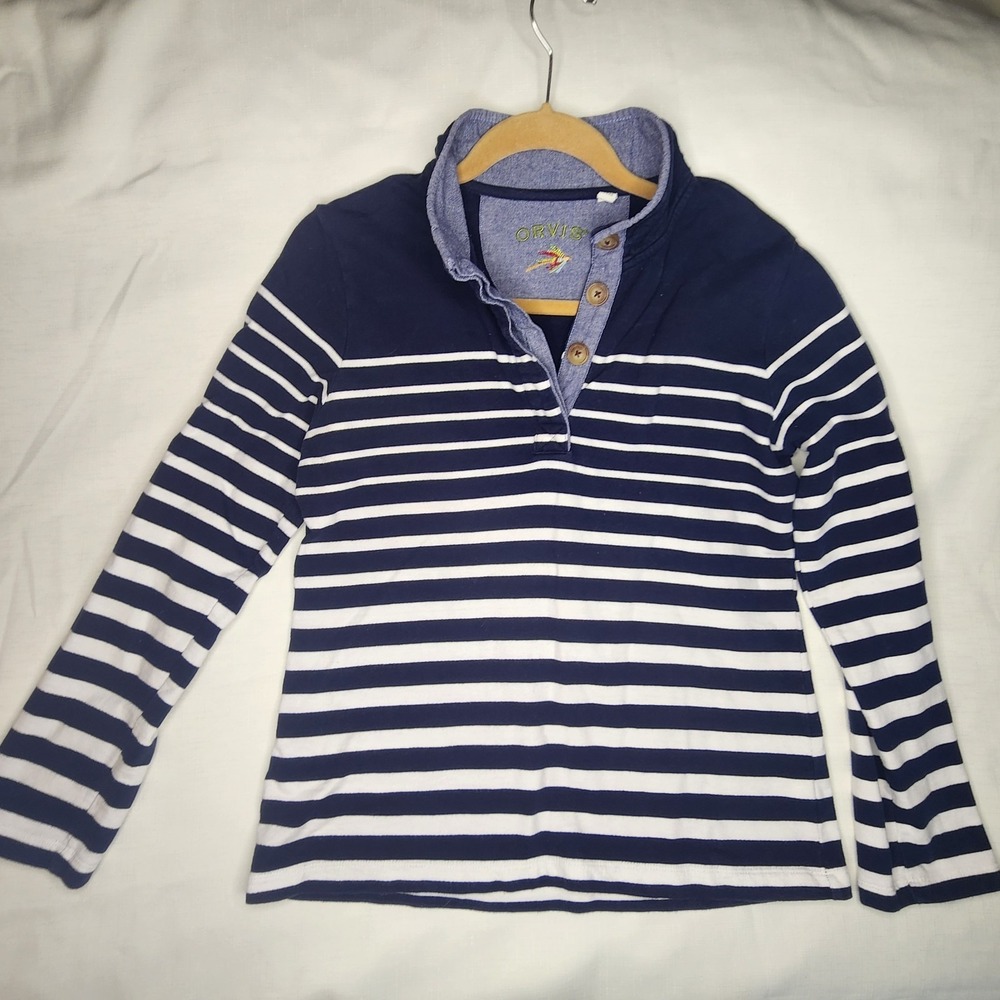 Orvis Women's Long Sleeve 100% Cotton Collared Shirt Size S Blue White Preppy